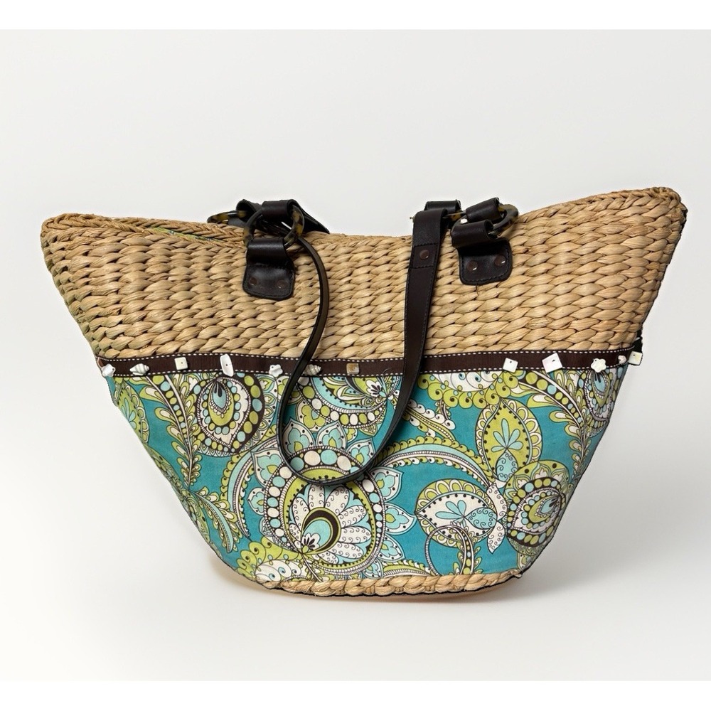 Vera Bradley Peacock Blue Green Floral Wicker Tote Bag Large Straw Shopper
